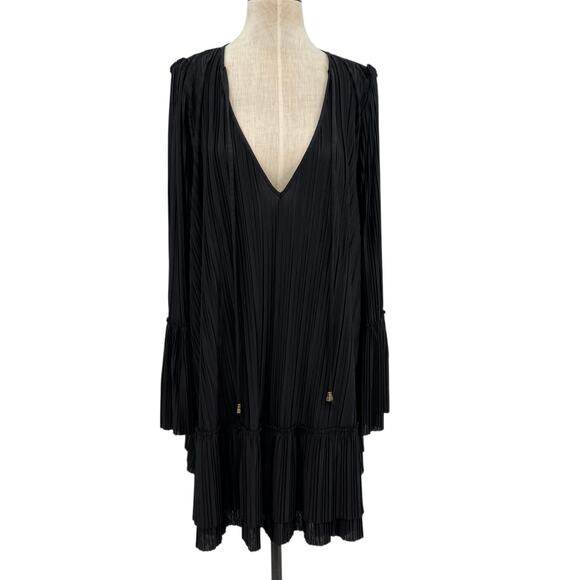 Free People Can't Help It Plisse Pleated Long Sleeve Mini Dress Black Size Large - Picture 2 of 12